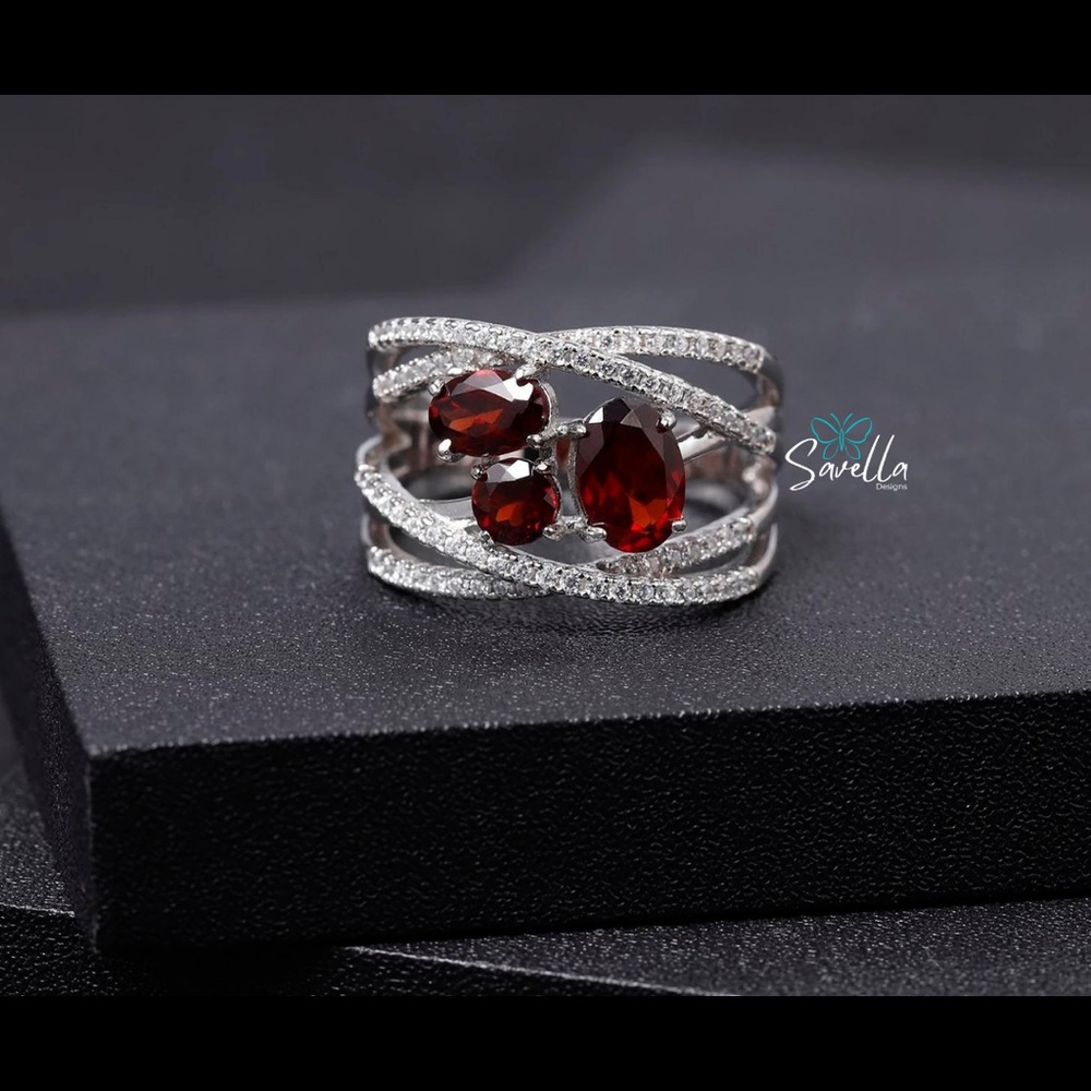 Tri-Garnet Criss-Cross Ring Solid Sterling 925 Silver with 18k Gold Plating